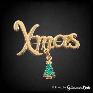 Vintage 1990s Xmas Script Christmas Tree Enamel Gold Tone Dangle Brooch